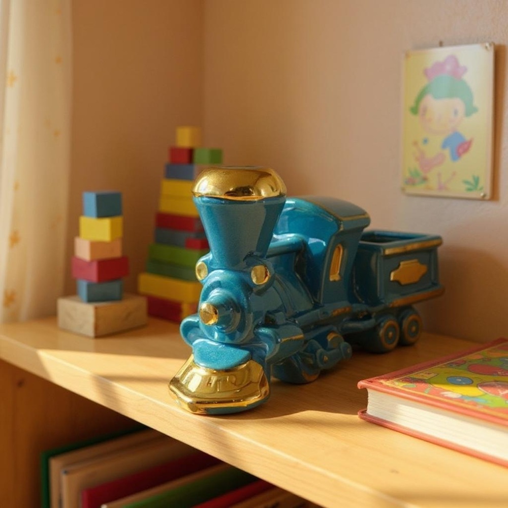 Ceramic Train Planter, Railroad Train Collector, Boy Nursery Teal blue-gold
